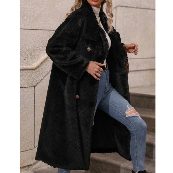 Black Faux fur teddy double breasted Coat Jacket - Picture 5 of 12